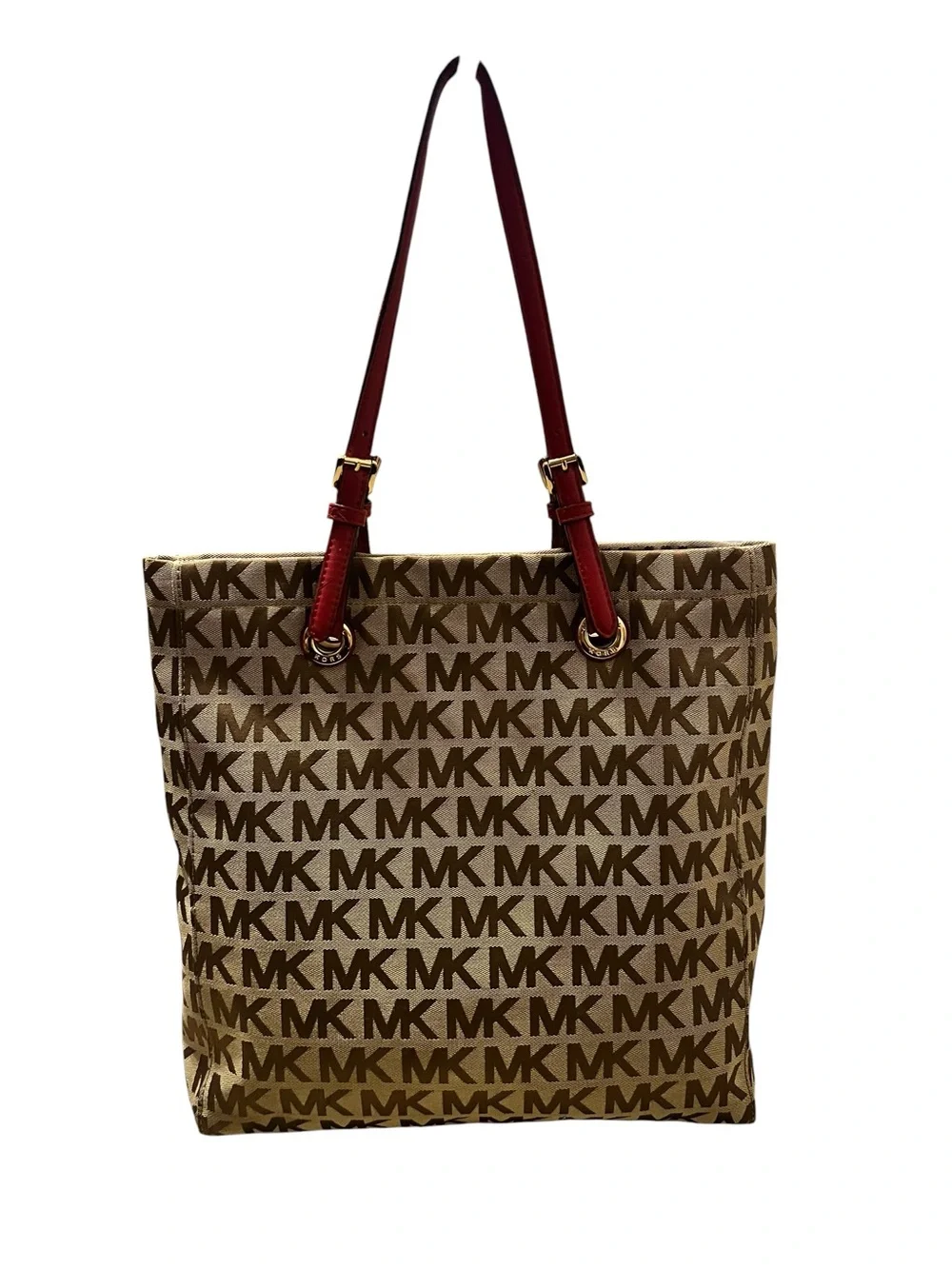 MICHAEL KORS MK Signal Jacquard Jet Set Brown Logo Tote with Red Leather Handles - Picture 2 of 7